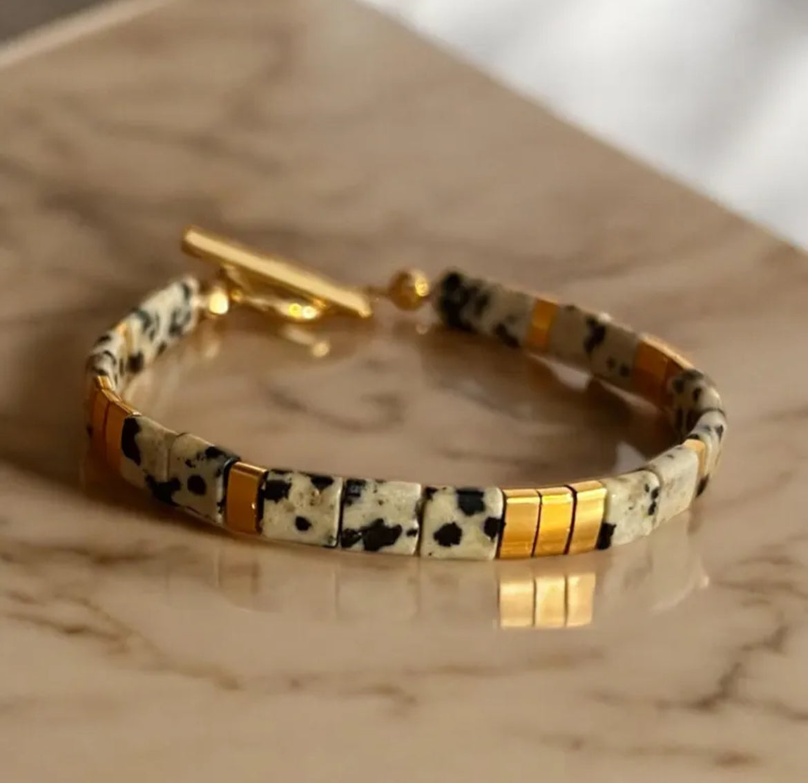 Bracelet précieux : Calenthé , jaspe dalmatien et acier inoxydable
