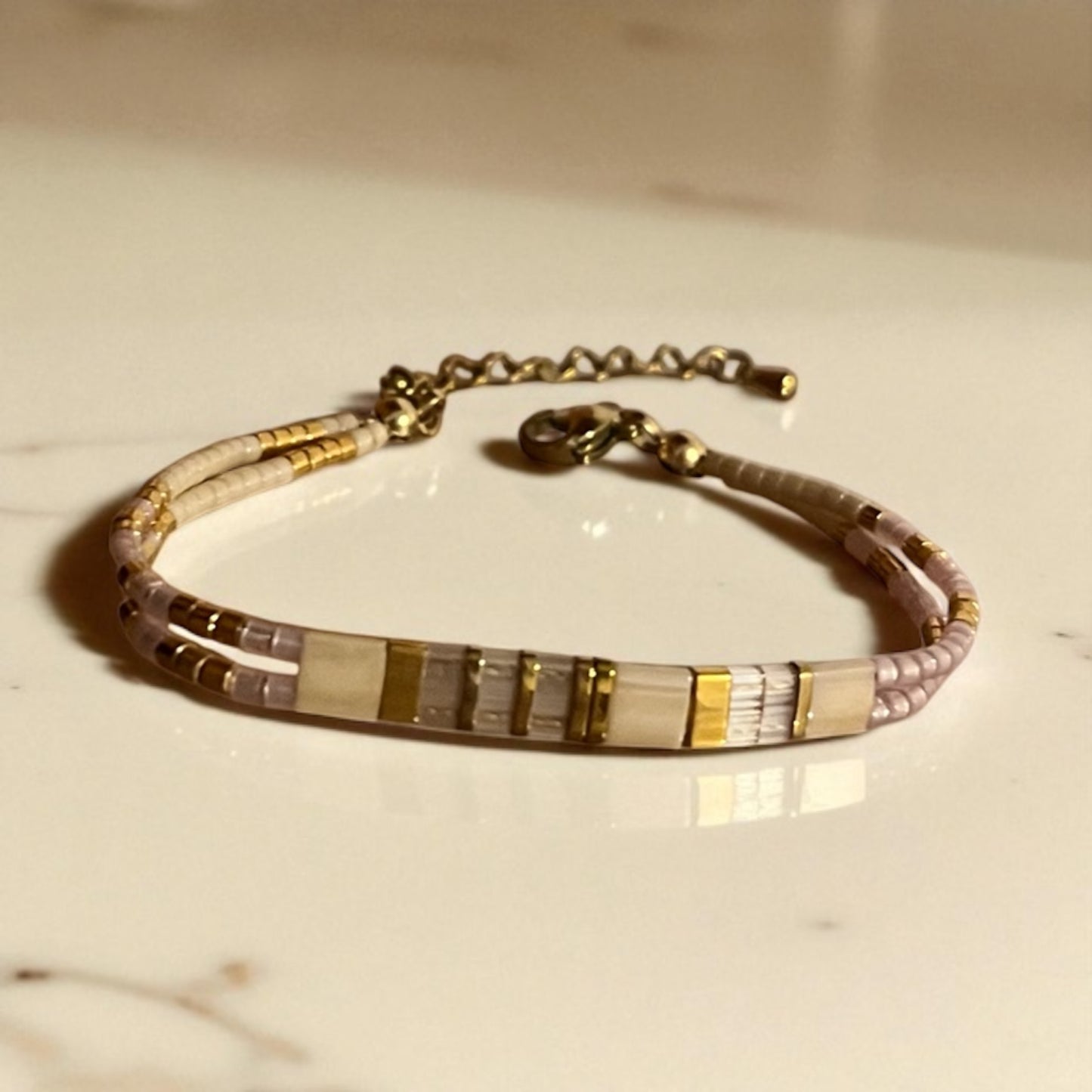 Bracelet Miyuki : Lumière Vanille | double bracelet de perles Miyuki et acier inoxydable