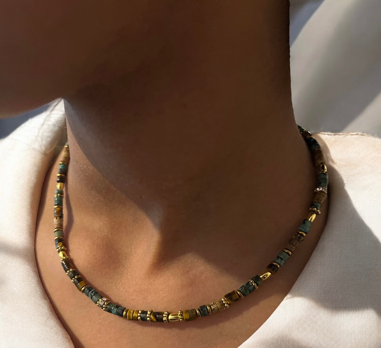 Collier précieux | Amarée , collier de turquoise africaine , œil de tigre , jaspe paysage et acier inoxydable