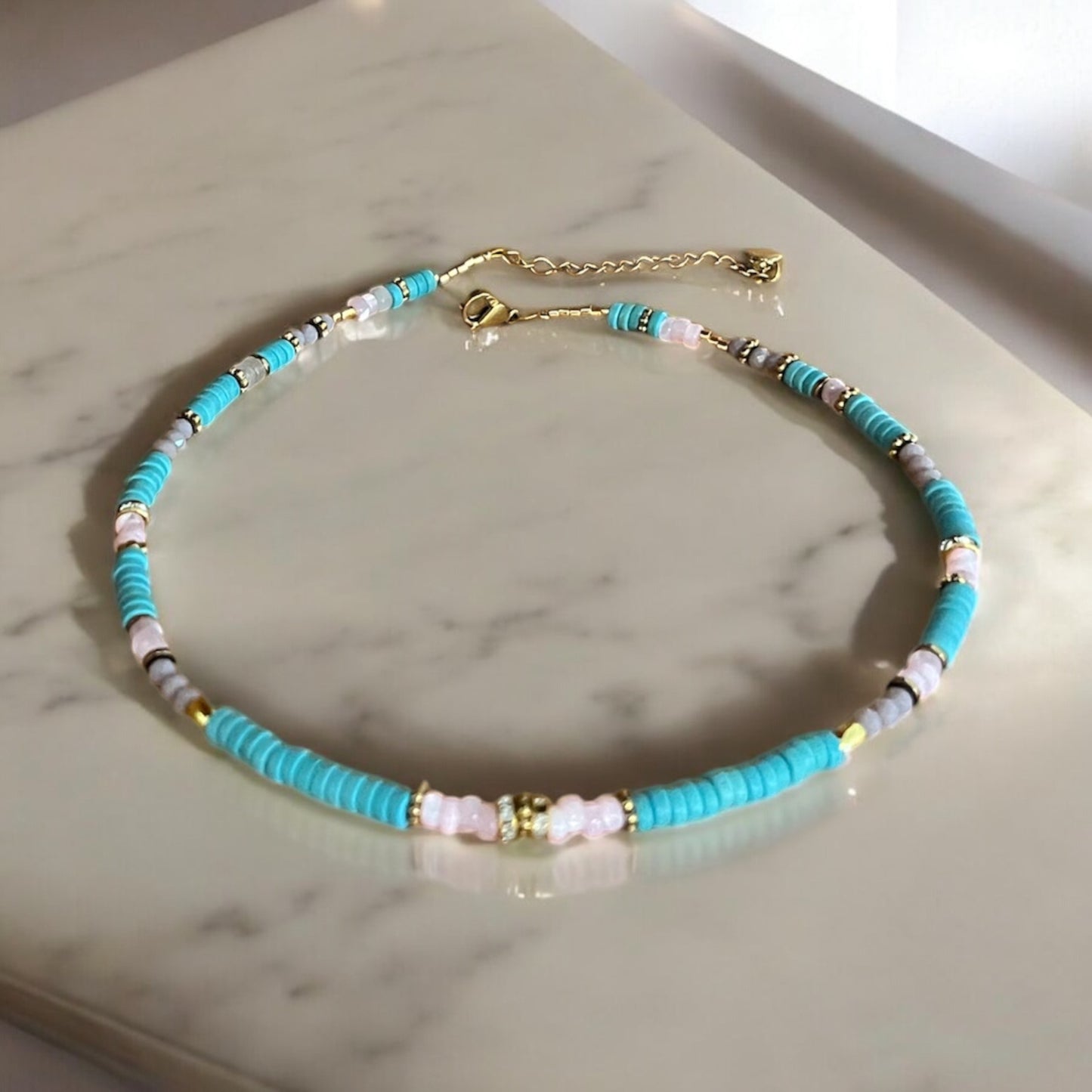 Collier précieux | Lunibelle , turquoise, nacre et cristaux lumineux