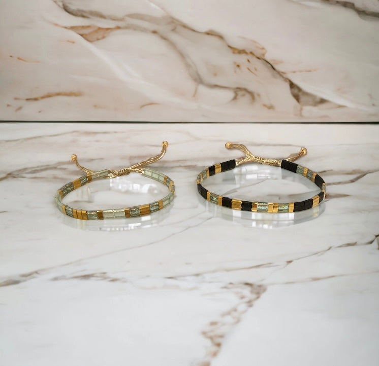 Bracelet Miyuki : Parure April , ensemble de deux bracelets miyuki tila sur fil d’or