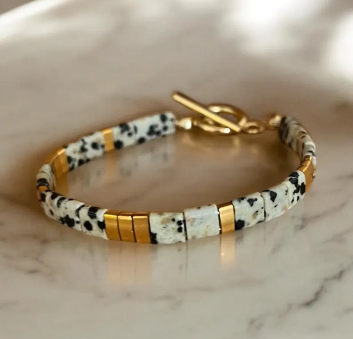 Bracelet précieux : Calenthé , jaspe dalmatien et acier inoxydable