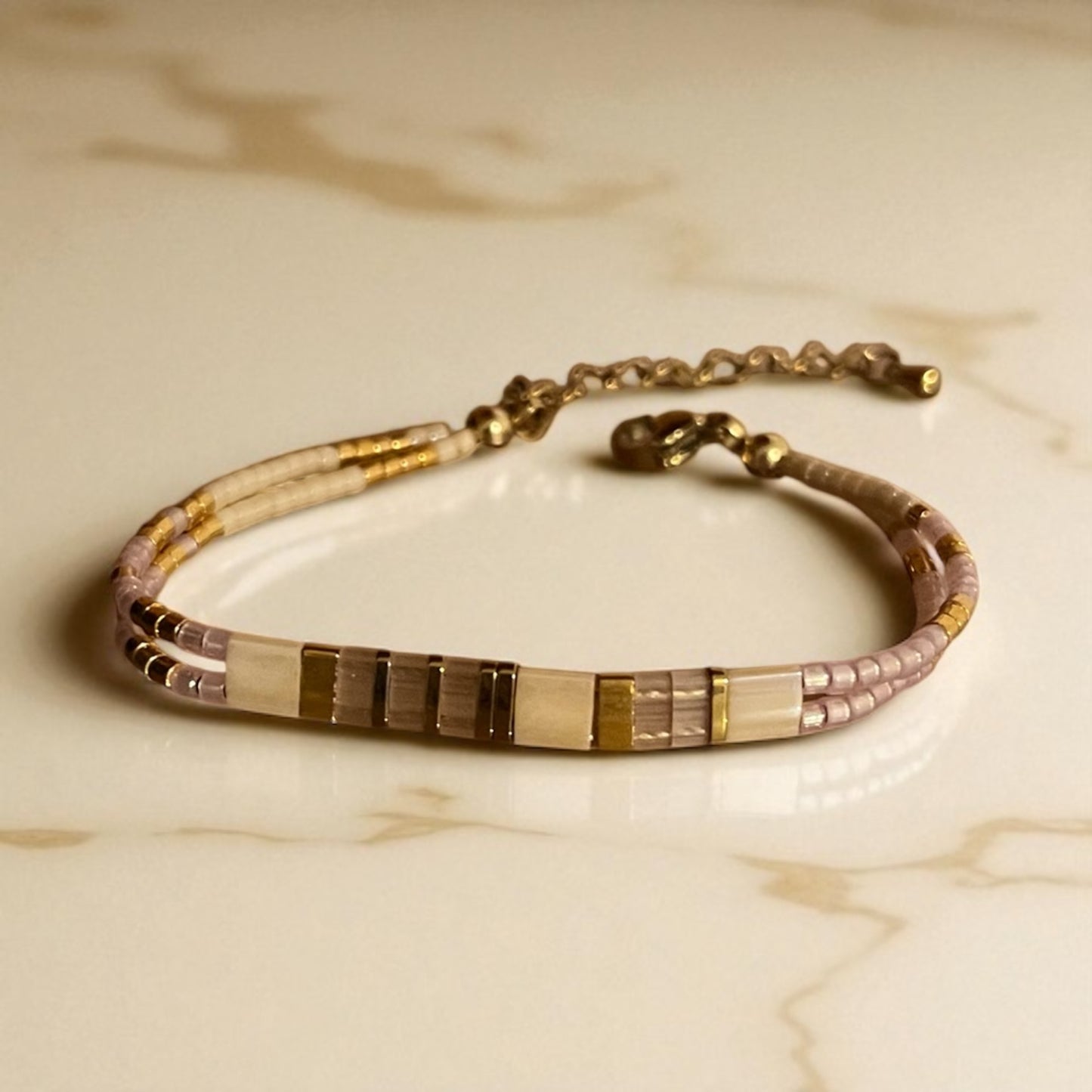 Bracelet Miyuki : Lumière Vanille | double bracelet de perles Miyuki et acier inoxydable