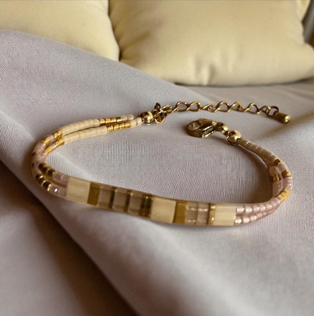 Bracelet Miyuki : Lumière Vanille | double bracelet de perles Miyuki et acier inoxydable