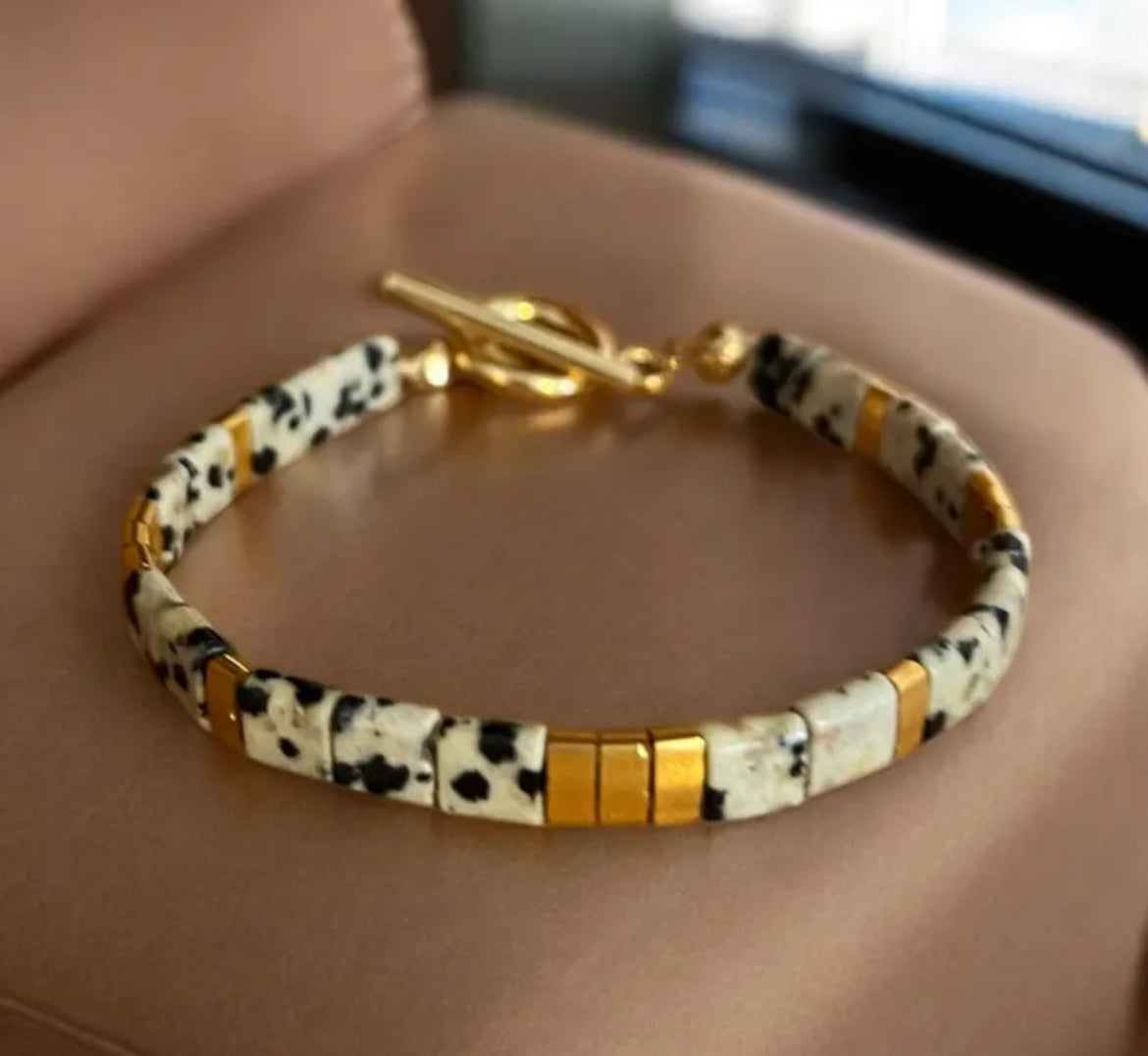 Bracelet précieux : Calenthé , jaspe dalmatien et acier inoxydable