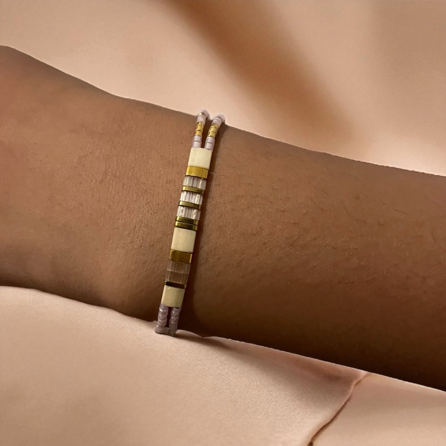Bracelet Miyuki : Lumière Vanille | double bracelet de perles Miyuki et acier inoxydable
