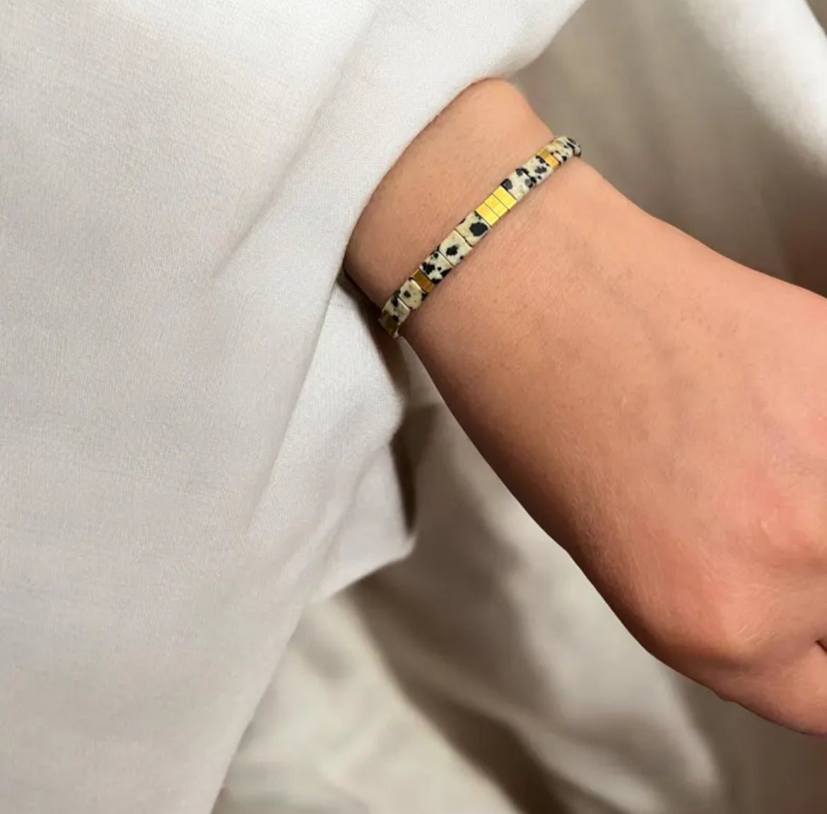 Bracelet précieux : Calenthé , jaspe dalmatien et acier inoxydable