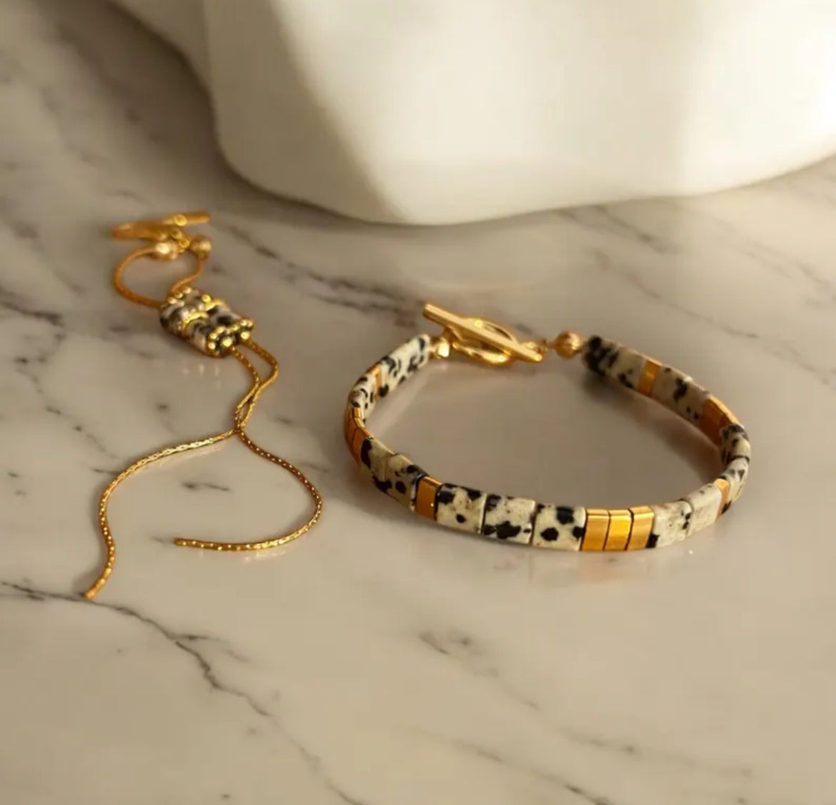 Bracelet précieux : Calenthé , jaspe dalmatien et acier inoxydable