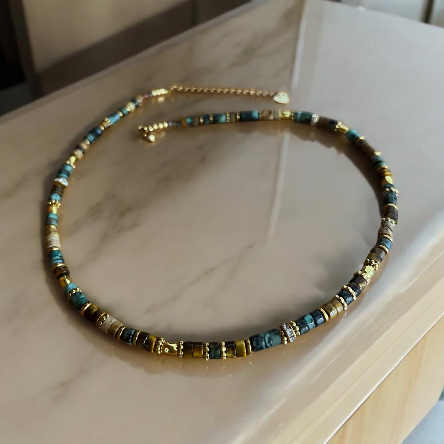 Collier précieux | Amarée , collier de turquoise africaine , œil de tigre , jaspe paysage et acier inoxydable
