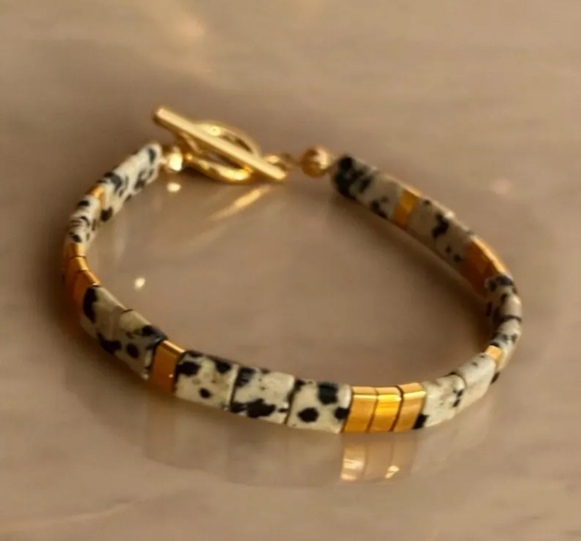 Bracelet précieux : Calenthé , jaspe dalmatien et acier inoxydable