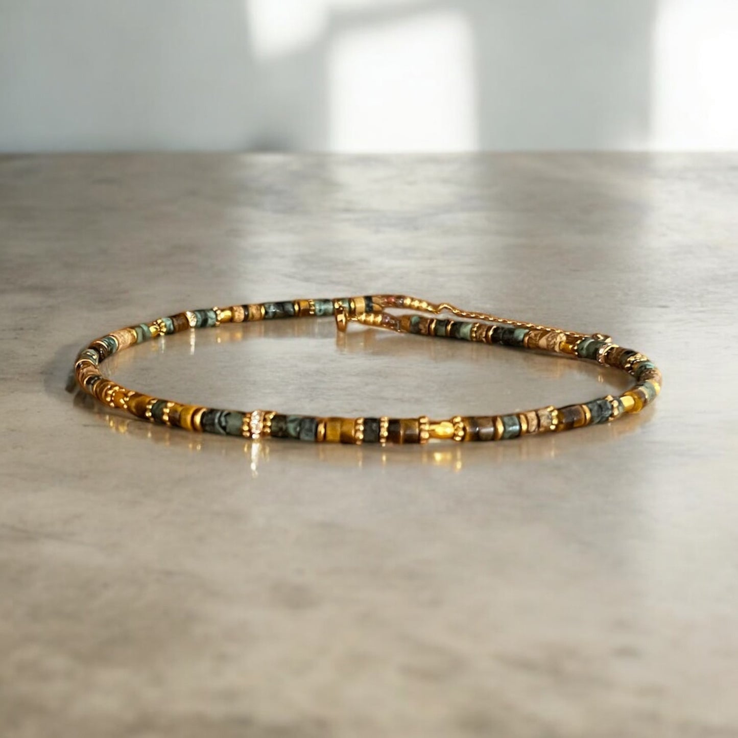 Collier précieux | Amarée , collier de turquoise africaine , œil de tigre , jaspe paysage et acier inoxydable