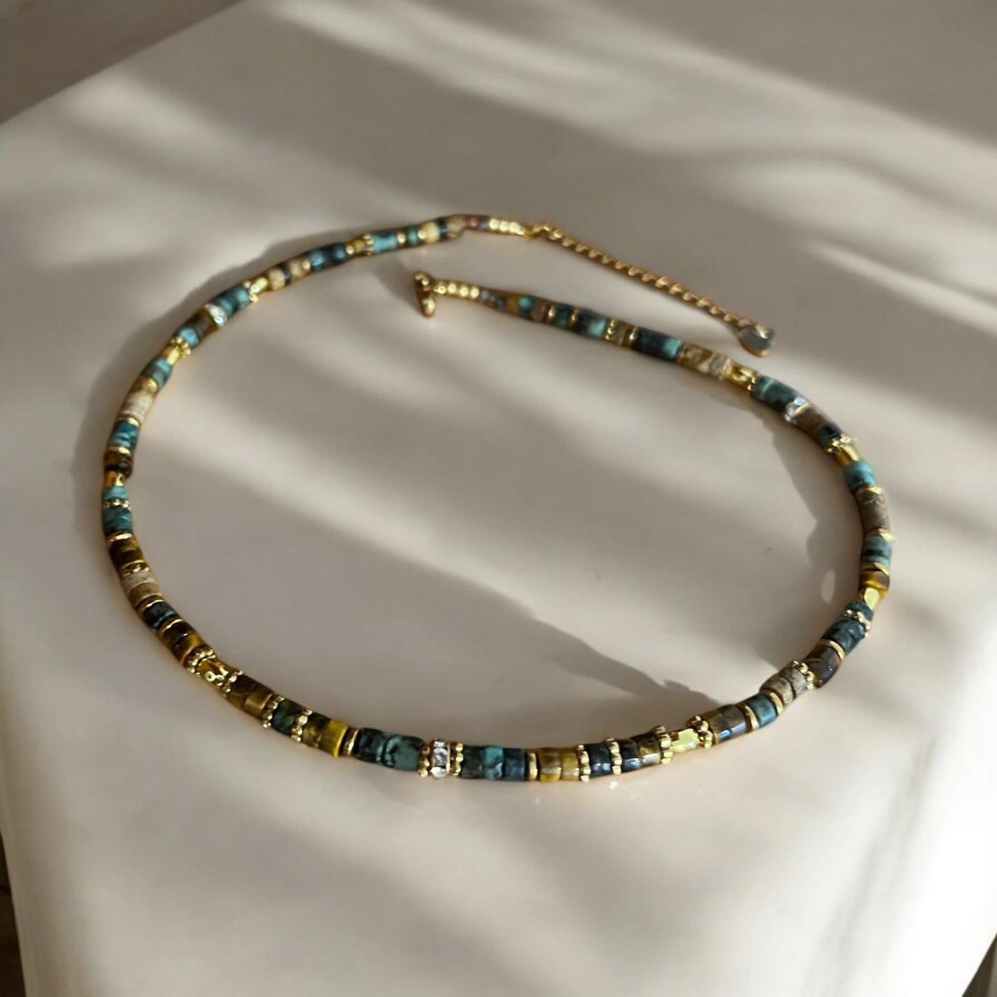 Collier précieux | Amarée , collier de turquoise africaine , œil de tigre , jaspe paysage et acier inoxydable
