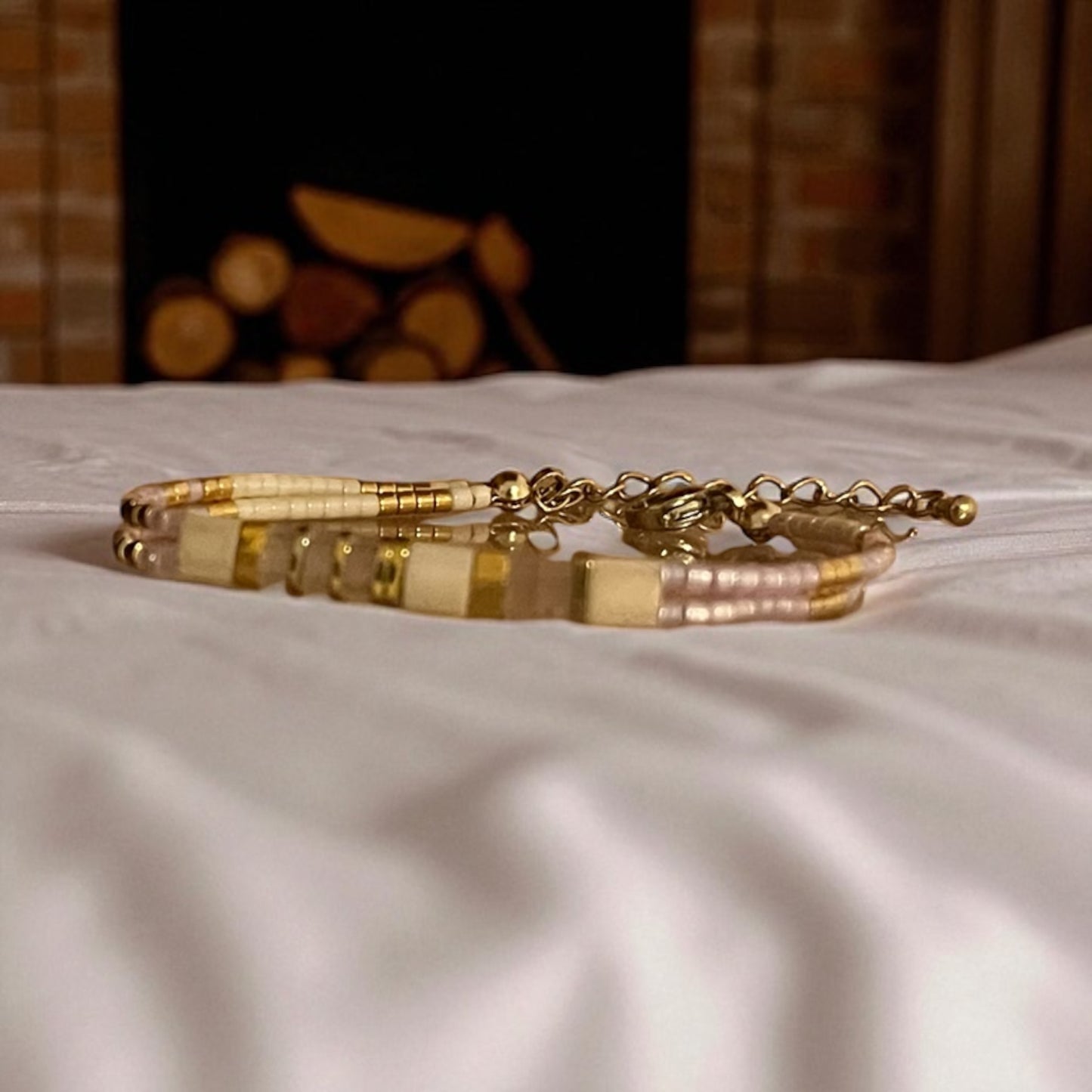 Bracelet Miyuki : Lumière Vanille | double bracelet de perles Miyuki et acier inoxydable