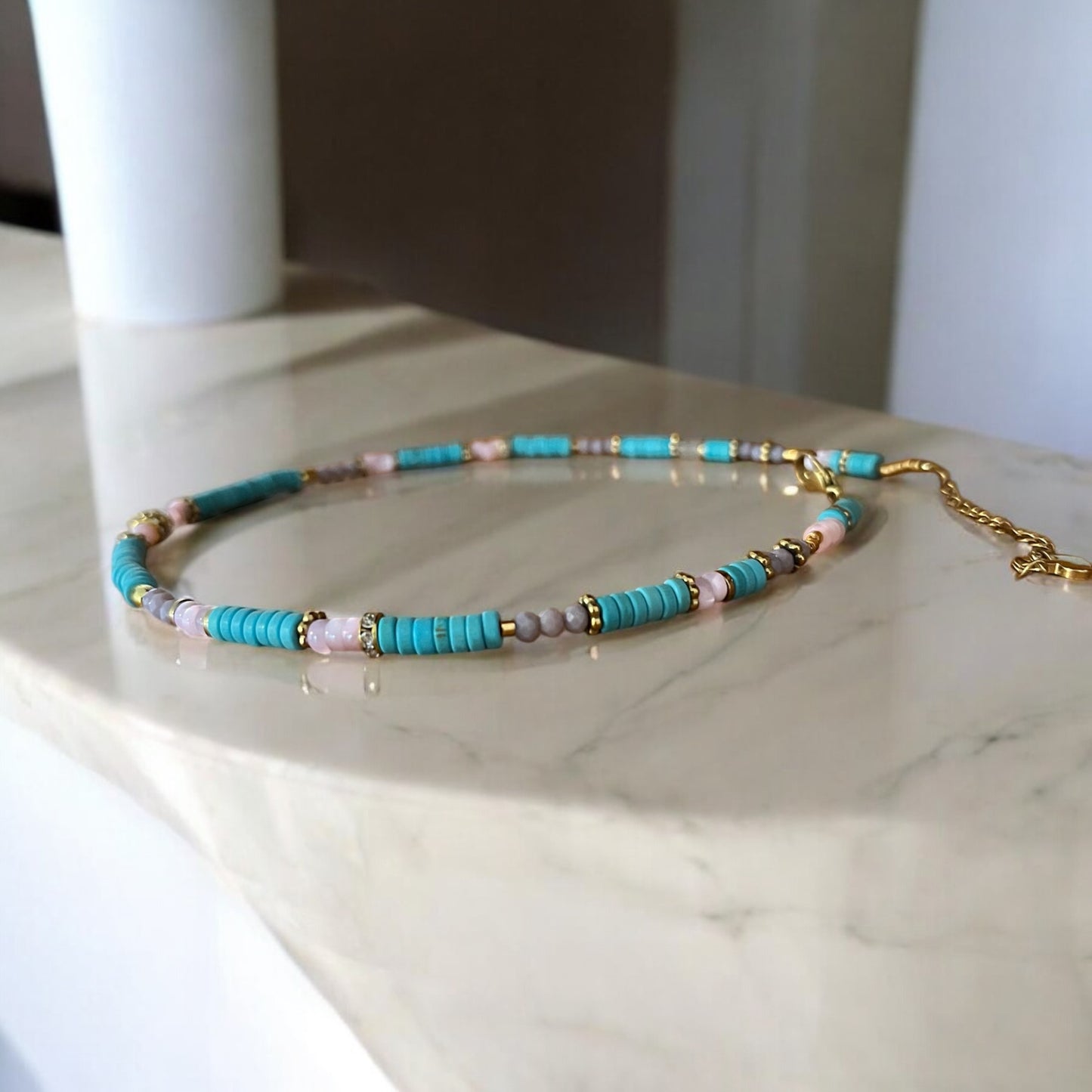 Collier précieux | Lunibelle , turquoise, nacre et cristaux lumineux