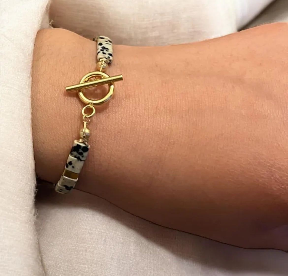 Bracelet précieux : Calenthé , jaspe dalmatien et acier inoxydable