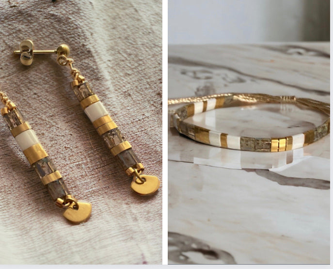 Parure Alba , boucles d’oreilles et bracelets Miyuki Tila , perles japonaises et acier inoxydable