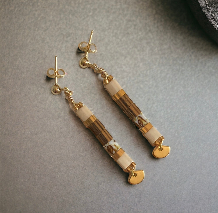 Parure bronze , boucles d’oreilles et bracelets Miyuki Tila , perles japonaises et acier inoxydable
