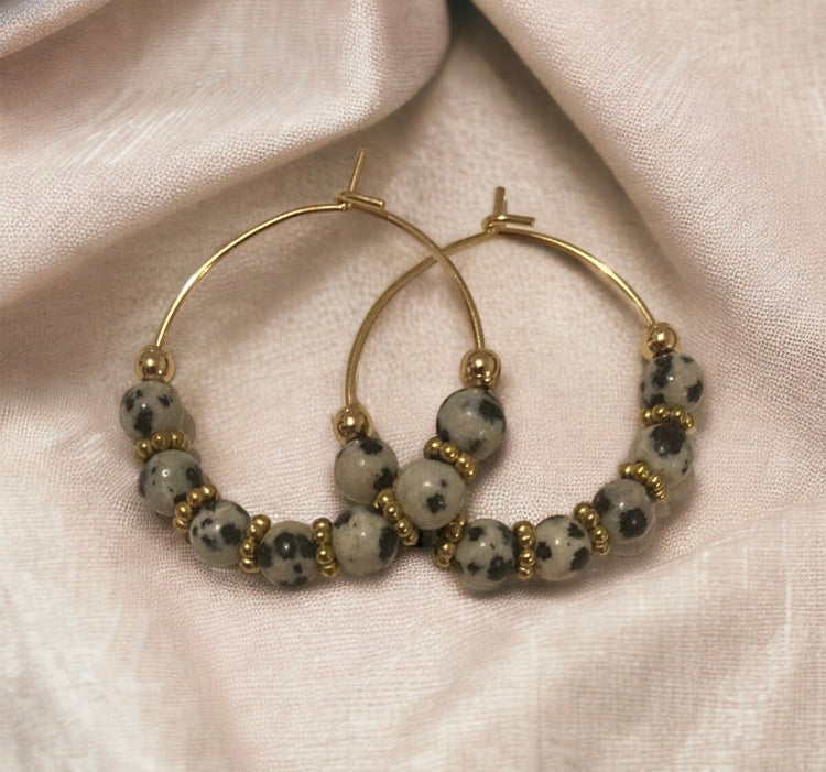 Boucles Précieuses | Adriana acier inoxydable et jaspe dalmatien idée cadeau artisanal pour femme
