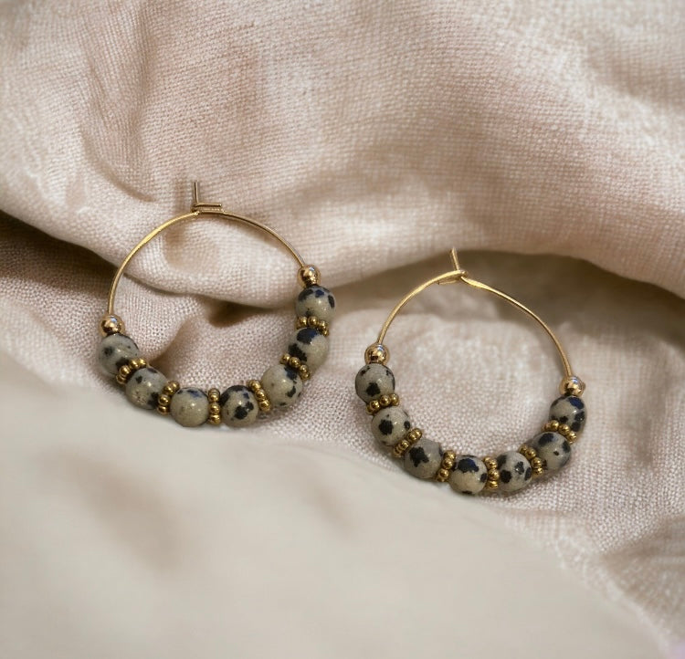 Boucles Précieuses | Adriana acier inoxydable et jaspe dalmatien idée cadeau artisanal pour femme