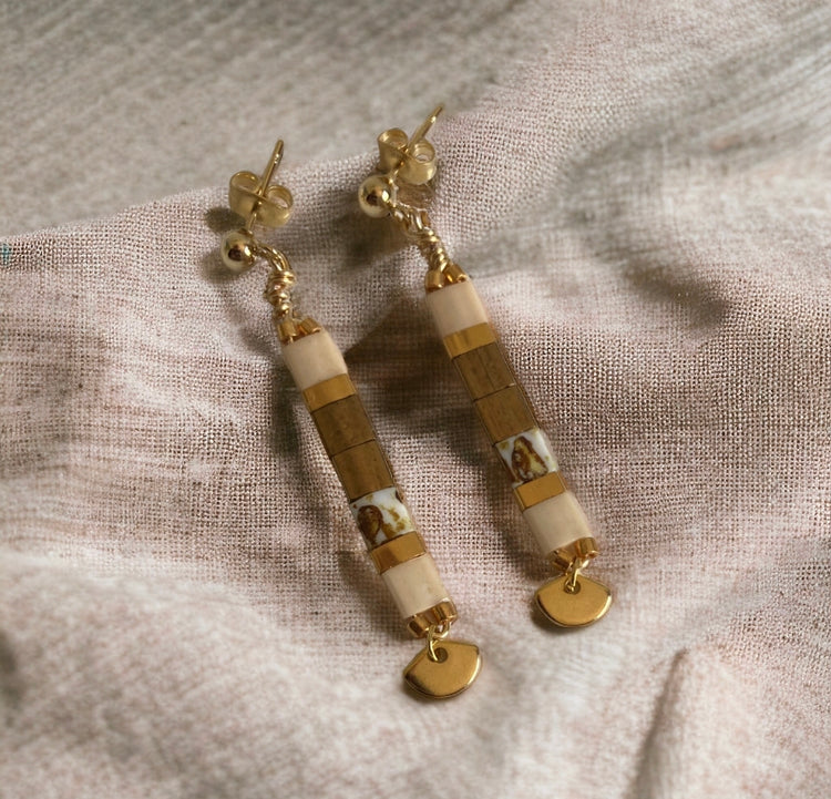 Parure bronze , boucles d’oreilles et bracelets Miyuki Tila , perles japonaises et acier inoxydable