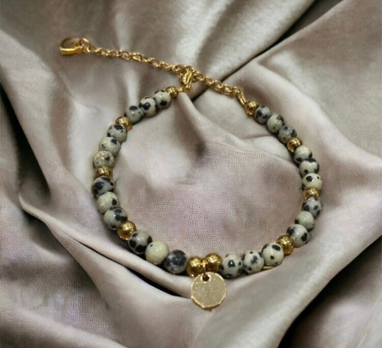 Bracelet précieux : Victoria , bracelet de jaspe dalmatien et acier inoxydable