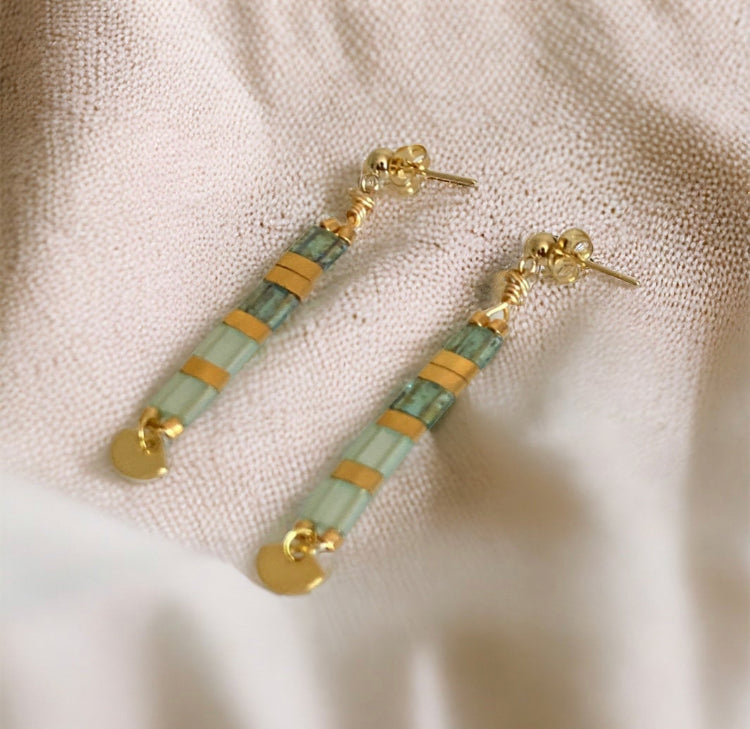 Parure Juliette , boucles d’oreilles et bracelets Miyuki Tila , perles japonaises et acier inoxydable