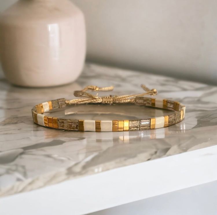 Parure Alba , boucles d’oreilles et bracelets Miyuki Tila , perles japonaises et acier inoxydable