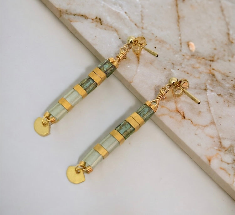 Parure Juliette , boucles d’oreilles et bracelets Miyuki Tila , perles japonaises et acier inoxydable