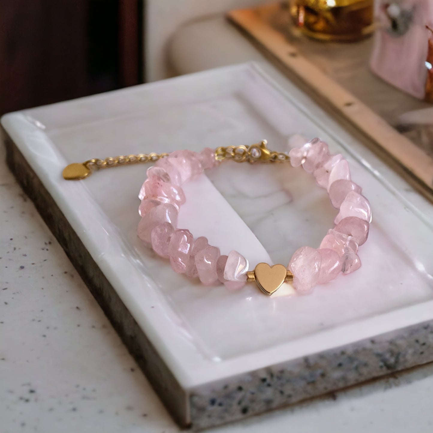 Bracelet précieux : Alizée , bracelet de quartz rose et hématite