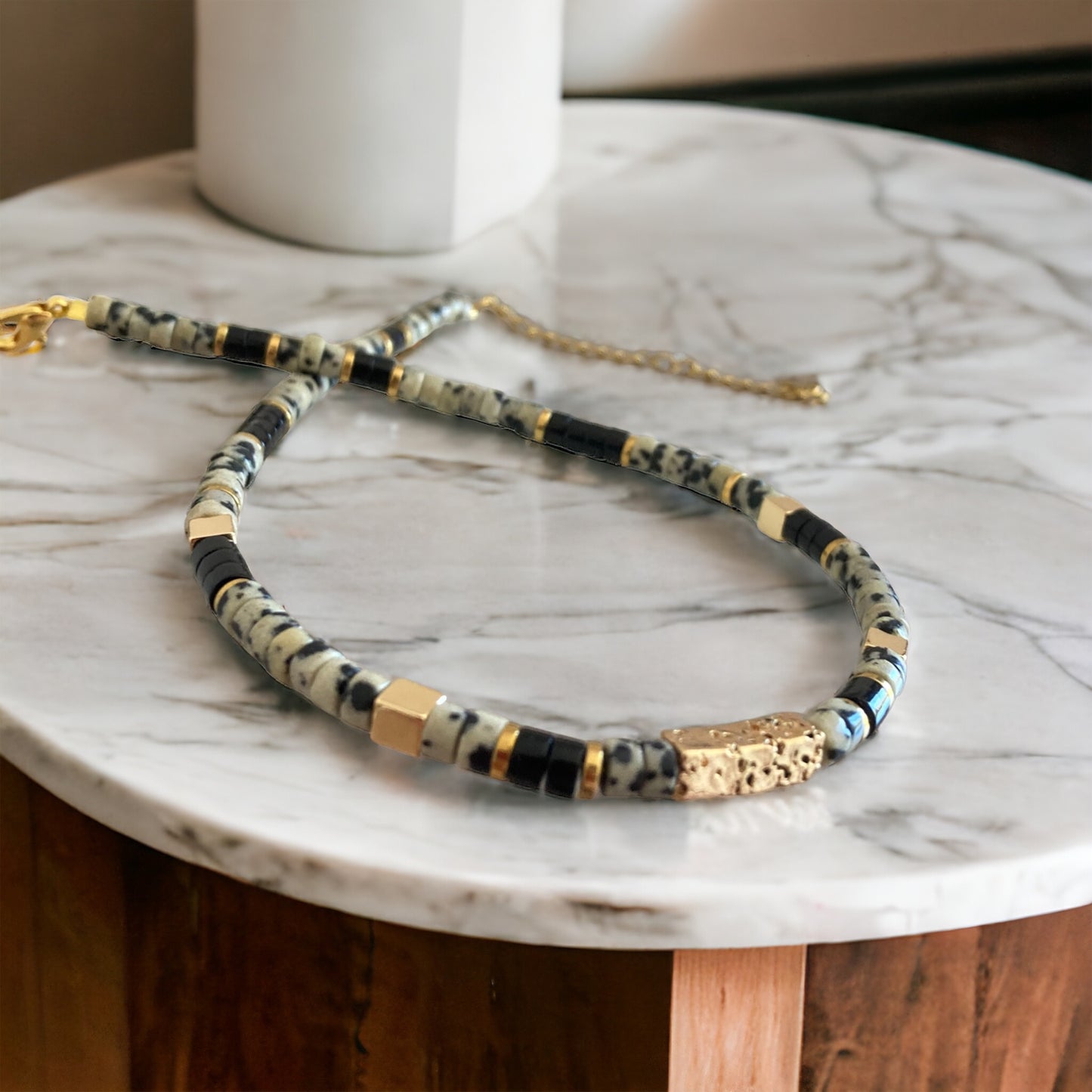 Collier précieux | Aria , collier heishi jaspe dalmatien et onyx noir