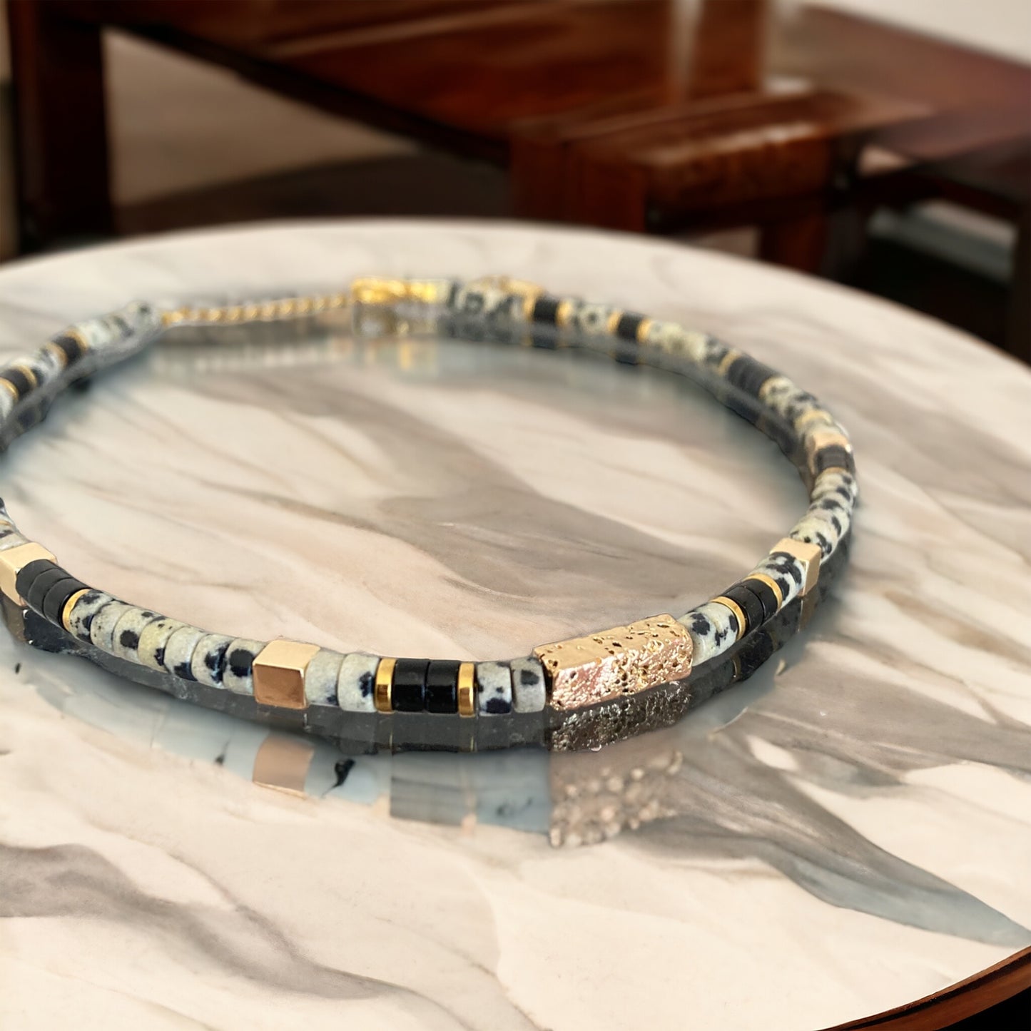 Collier précieux | Aria , collier heishi jaspe dalmatien et onyx noir