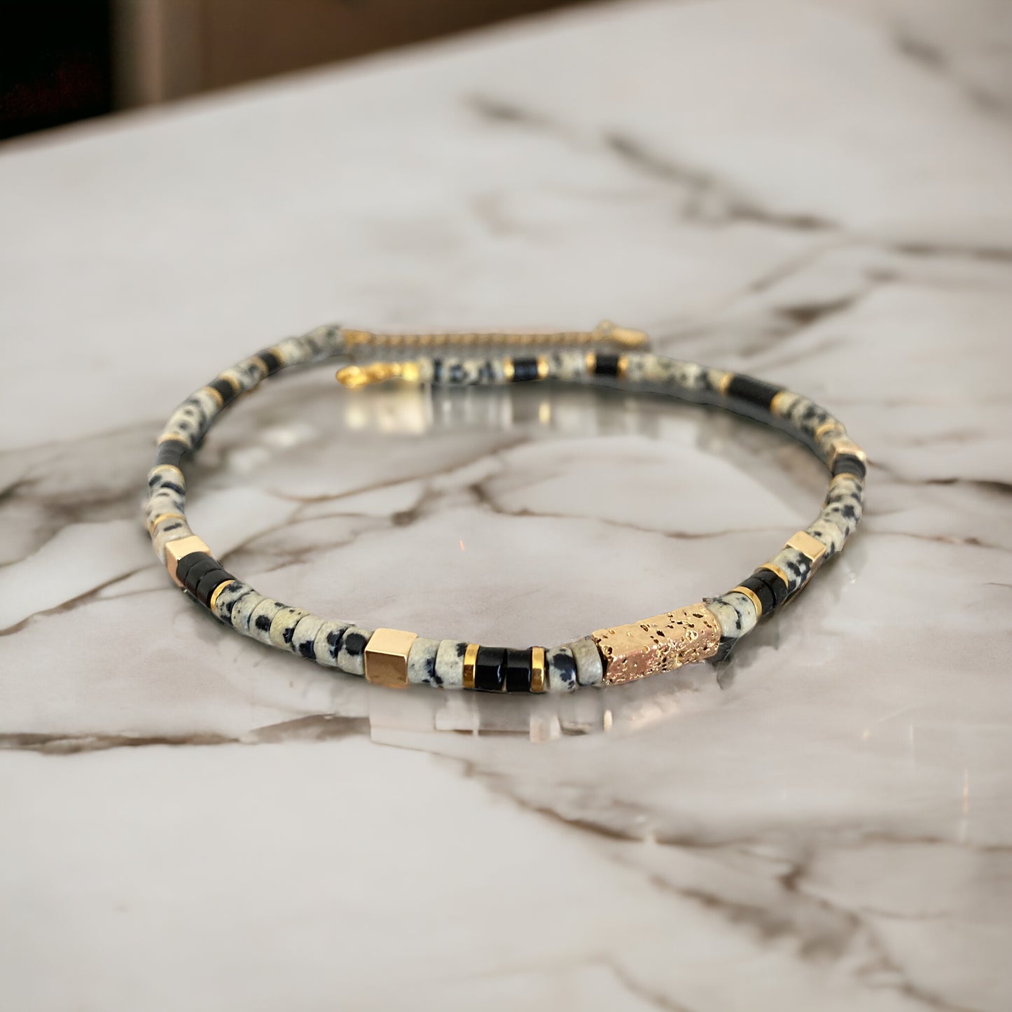 Collier précieux | Aria , collier heishi jaspe dalmatien et onyx noir
