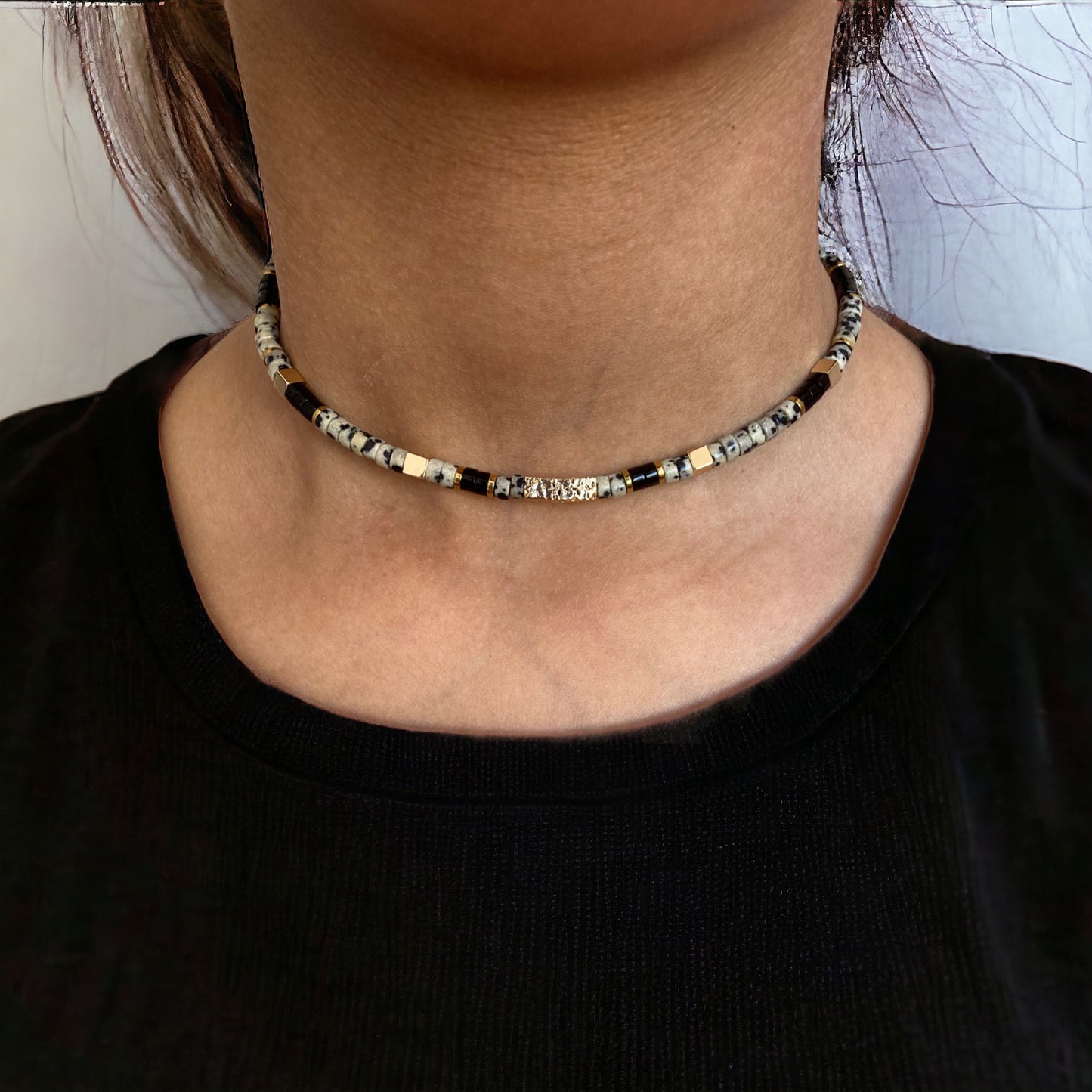 Collier précieux | Aria , collier heishi jaspe dalmatien et onyx noir