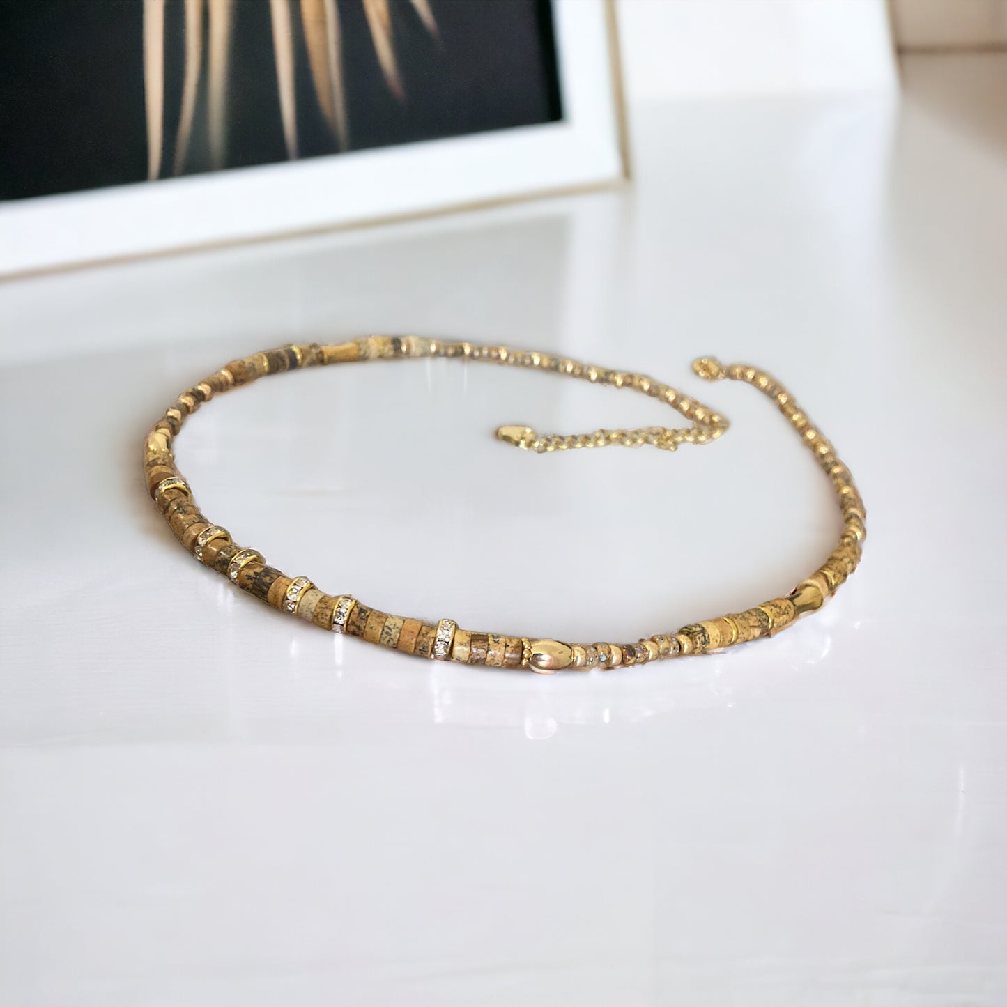 Collier précieux : Kyra , collier de jaspe paysage et perles du Japon , pierres semi précieuses et acier inoxydable