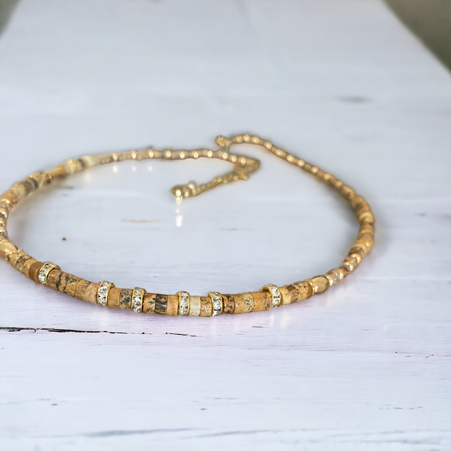 Collier précieux : Kyra , collier de jaspe paysage et perles du Japon , pierres semi précieuses et acier inoxydable