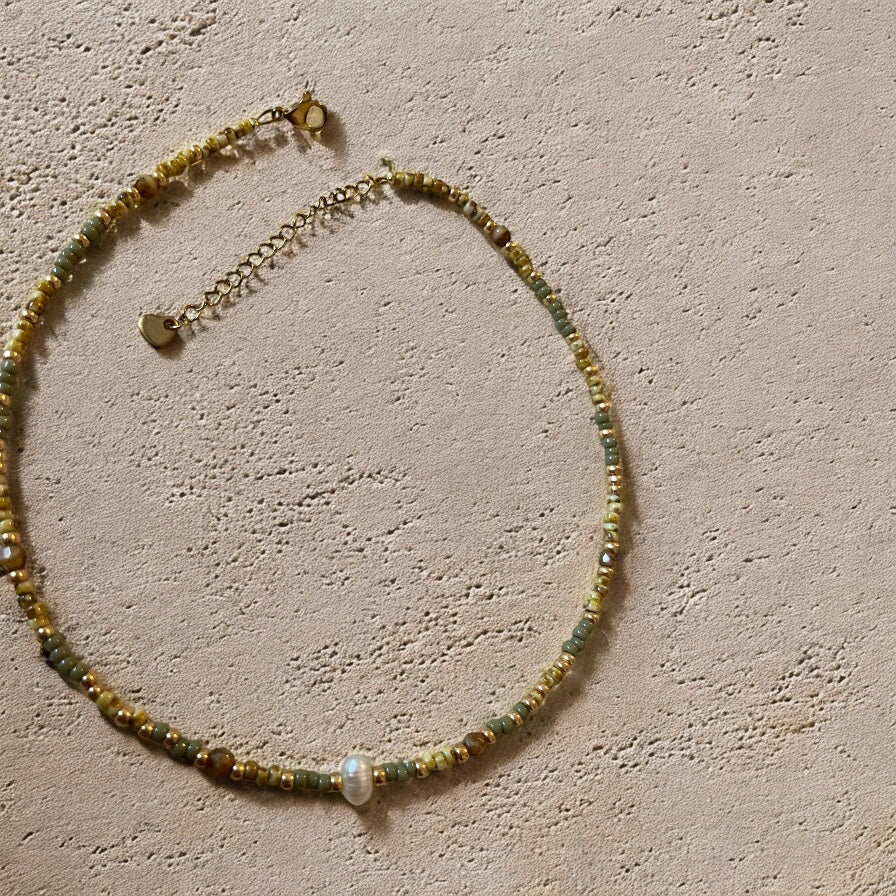 Collier Miyuki : Céline | perles Miyuki, acier inoxydable et perle de culture véritable