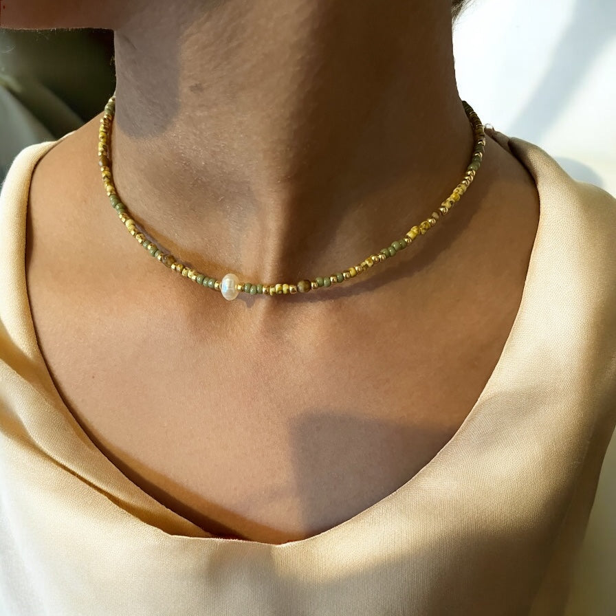 Collier Miyuki : Céline | perles Miyuki, acier inoxydable et perle de culture véritable