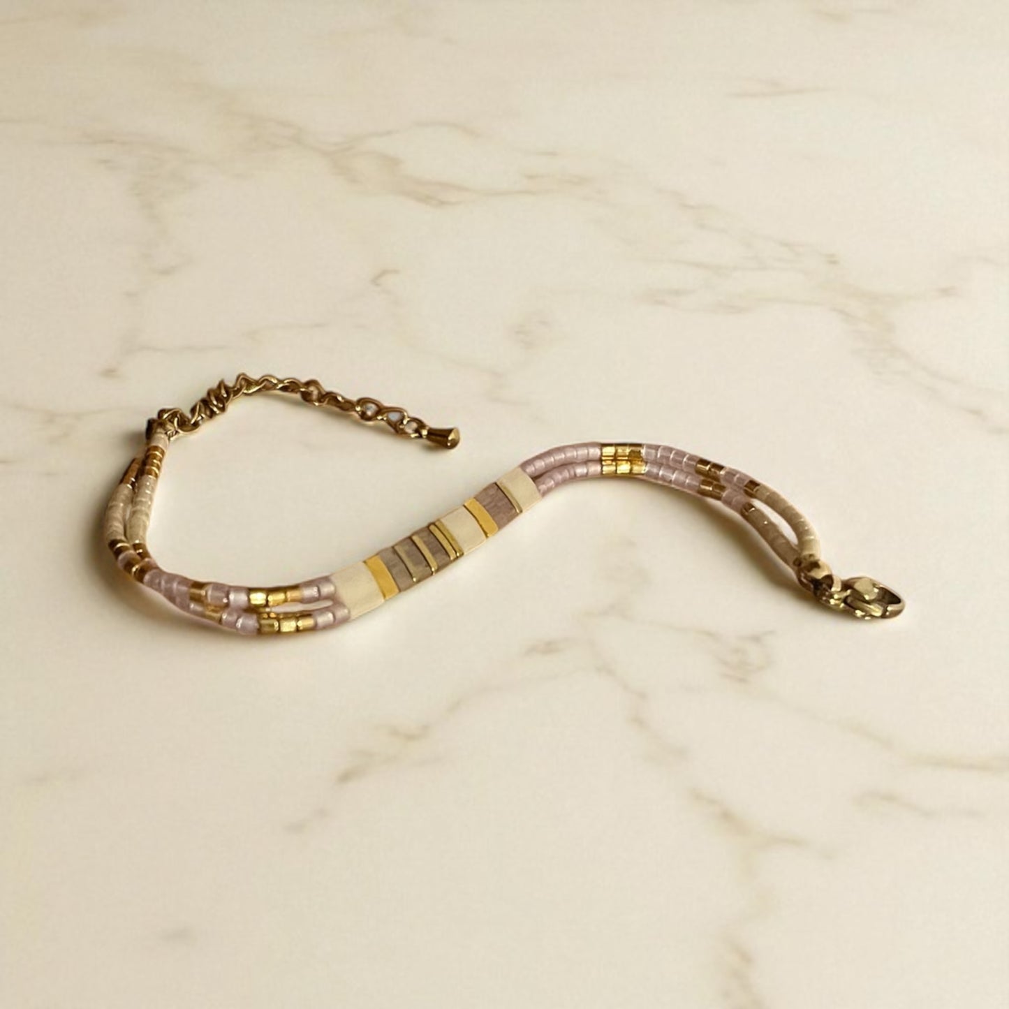 Bracelet Miyuki : Lumière Vanille | double bracelet de perles Miyuki et acier inoxydable