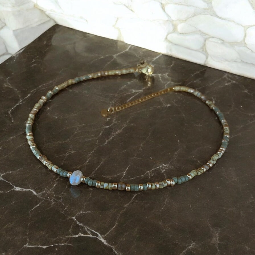 Collier Miyuki : Céline | perles Miyuki, acier inoxydable et perle de culture véritable