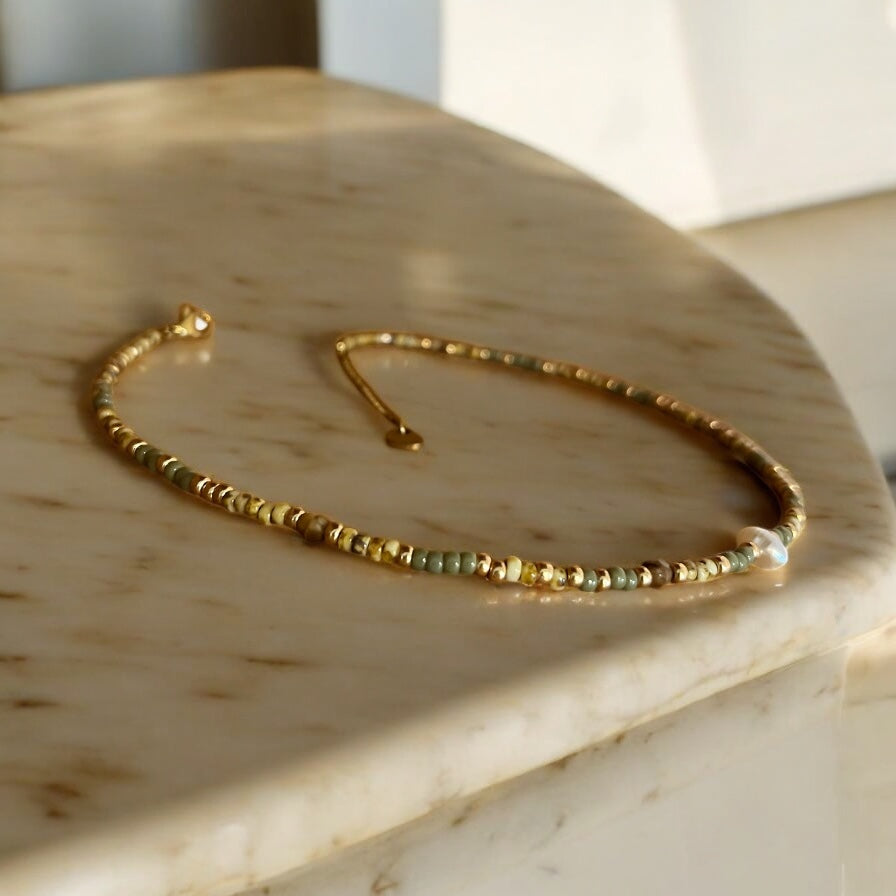 Collier Miyuki : Céline | perles Miyuki, acier inoxydable et perle de culture véritable