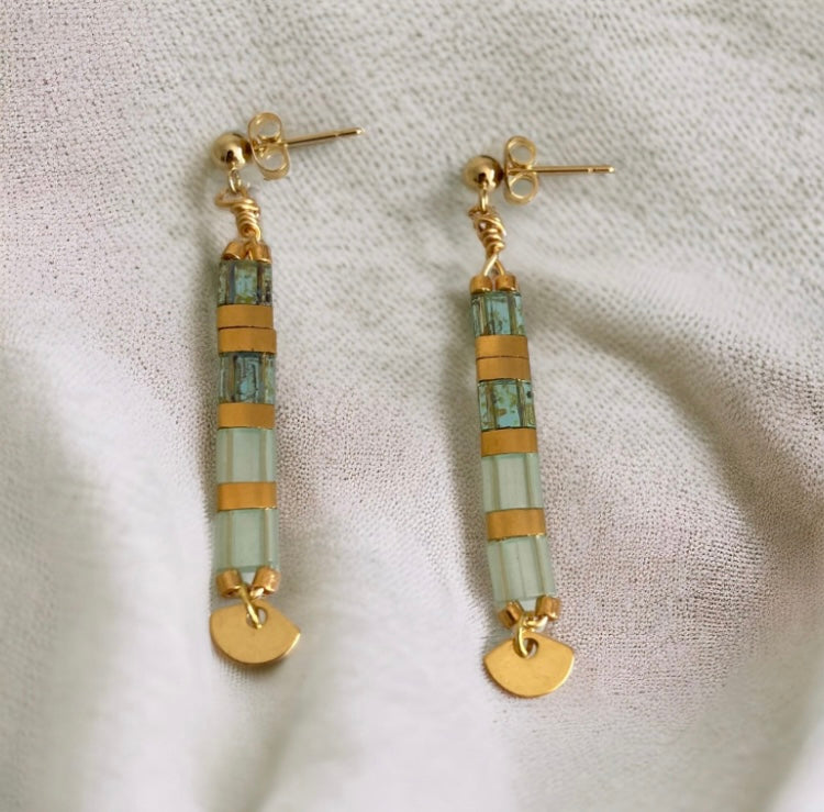 Parure Juliette , boucles d’oreilles et bracelets Miyuki Tila , perles japonaises et acier inoxydable
