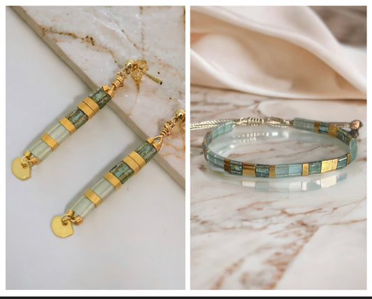 Parure Juliette , boucles d’oreilles et bracelets Miyuki Tila , perles japonaises et acier inoxydable