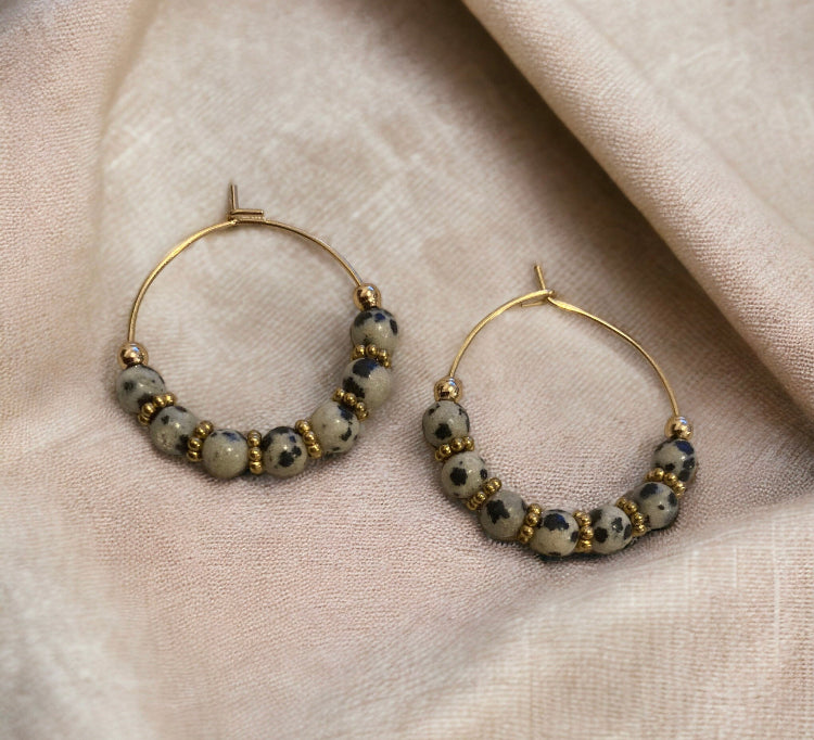 Adriana hoop earrings in stainless steel and Dalmatian jasper, artisanal gift idea for women