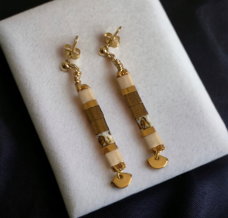 Parure bronze , boucles d’oreilles et bracelets Miyuki Tila , perles japonaises et acier inoxydable
