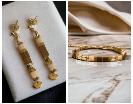 Parure bronze , boucles d’oreilles et bracelets Miyuki Tila , perles japonaises et acier inoxydable