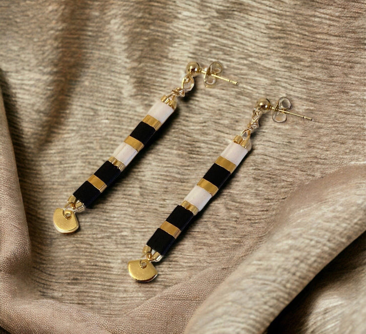 Boucles d’oreilles Julieta miyuki tila pendante , plaqué or 24k et acier inoxydable, perles japonaises , feuille de ginko