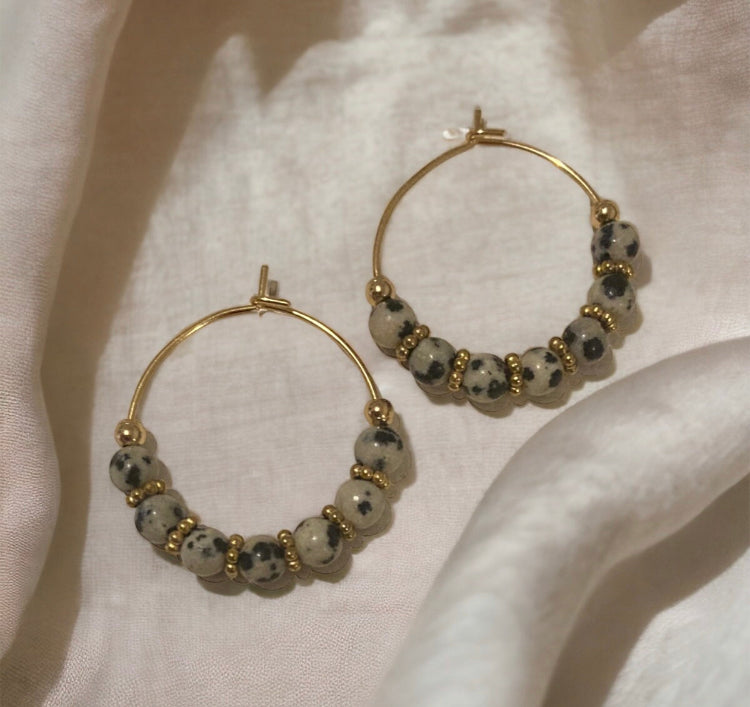 Adriana hoop earrings in stainless steel and Dalmatian jasper, artisanal gift idea for women