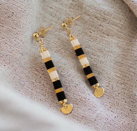 Julieta miyuki tila pendant earrings, 24k gold plated and stainless steel, Japanese pearls, ginko leaf