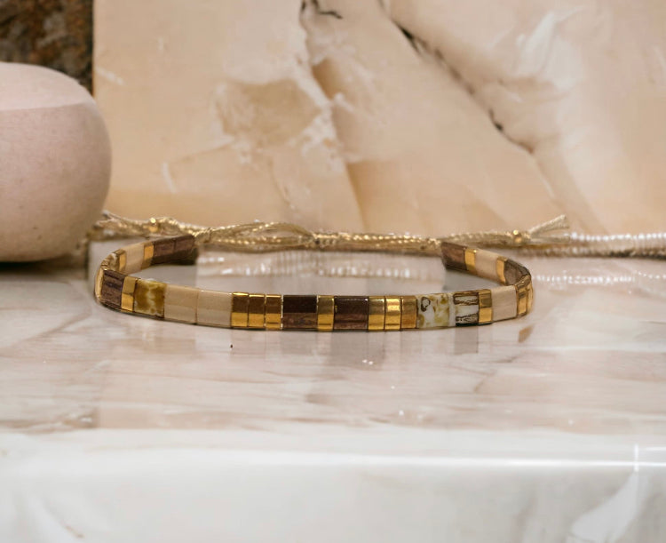 Bracelet Miyuki : bracelet Mia , perles japonaises , plaquées or 24 carats