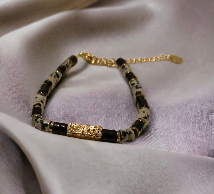 Kostbares Armband aus Aria-Dalmatiner-Jaspis und schwarzem Onyx